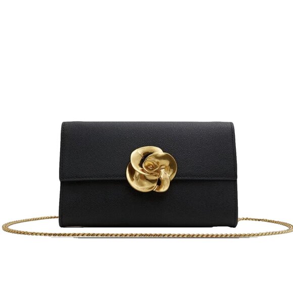 Ted Baker London Kira Rose Clutch Brushed Gold Black Leather Shoulder Handbag - Picture 1 of 16